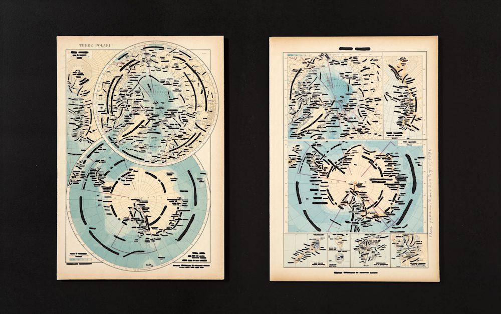 Emilio Isgrò, Terre polari, 1970. (Polar Regions) Indian ink on map mounted on card in box of wood and plexiglass, 50.3 x 80.5 x 9.7 cm. Courtesy Fondazione Emilio Isgrò