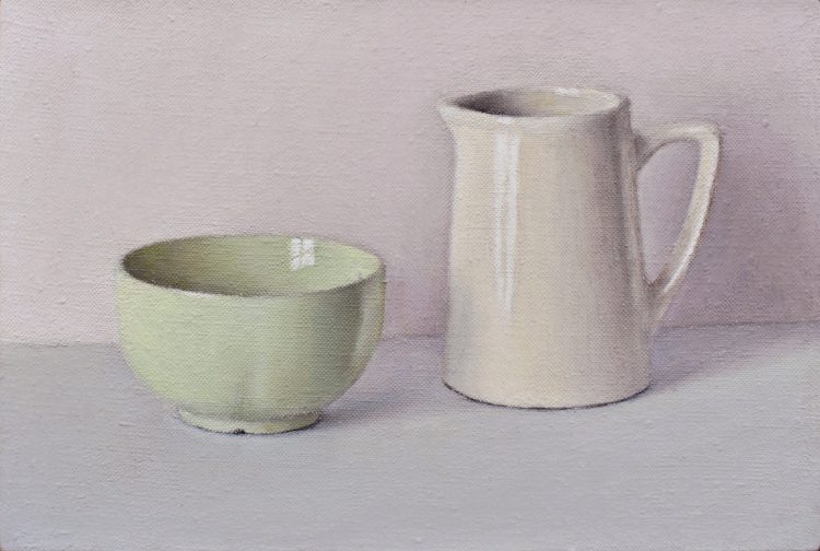 David Stubbs, Green and white on grey and pink, 2024. 16.5cm  x 24.5 cm 2024 (Courtesy of Amanda Aldous Fine Art)